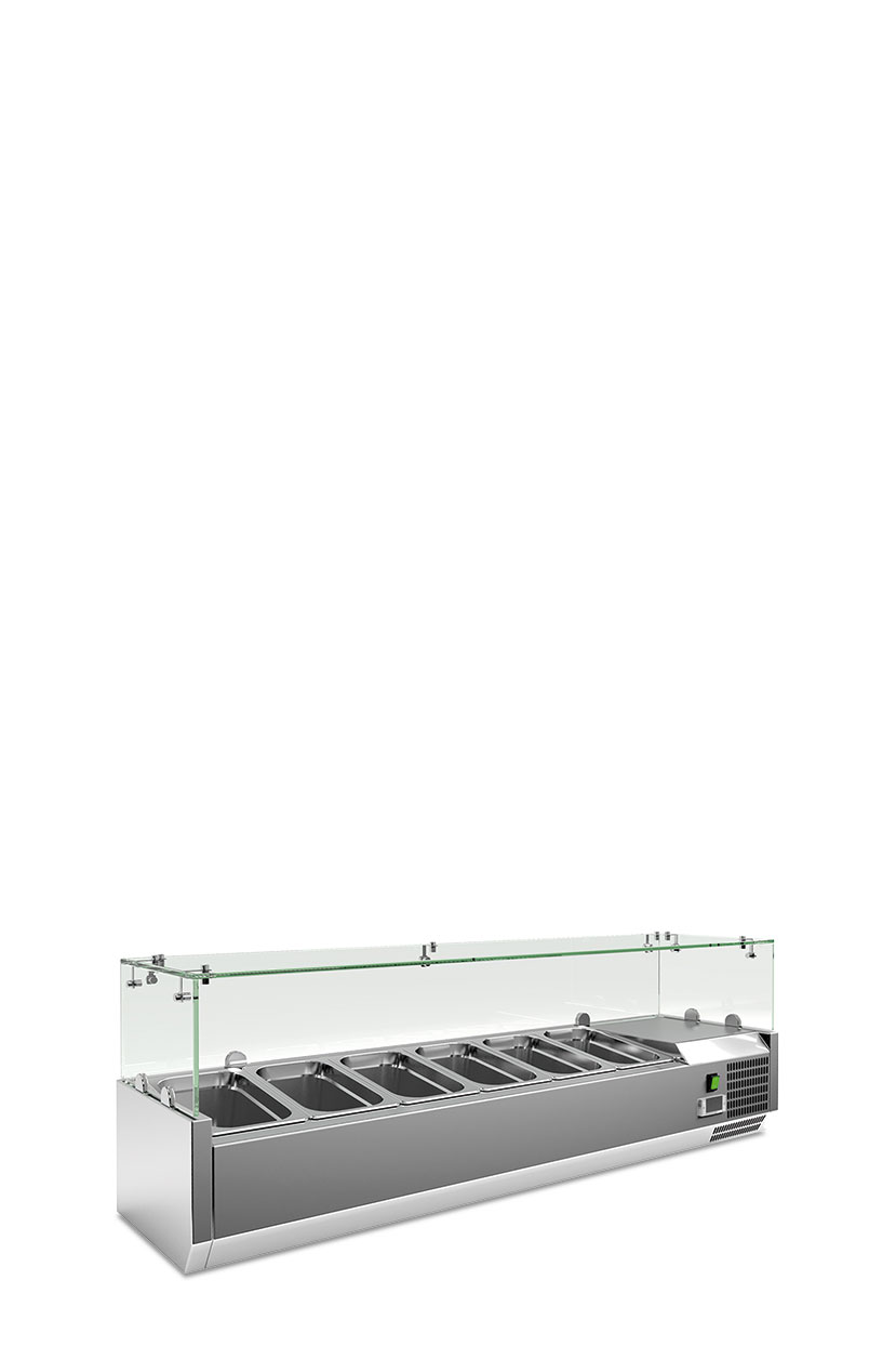 VRX 1400-330 FG -- 000 (2782) Vetrina refrigerata statica
Acciaio AISI 201
Temperatura +2 °C / +8 °C
Dimensioni esterne (LxPxH) 1400 x 335 x 435 mm
Volume lordo 43 l
Vaschette Gastronorm - NN INCLUSE 6 x GN 1/4
Assorbimento 160 W - immagine 1